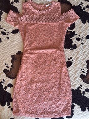 Papaya Pink Lace Cold-Shoulder Mini Dress